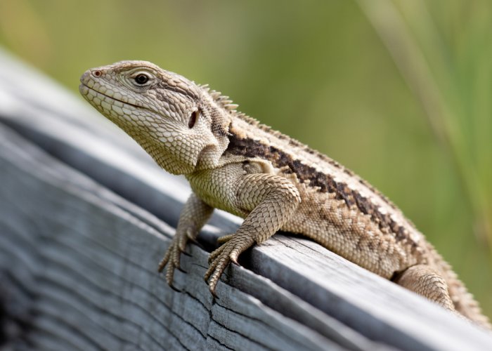 Close-up of a Texas Spiny Lizard on a wooden fence, showcasing its spiny scales and camouflage.