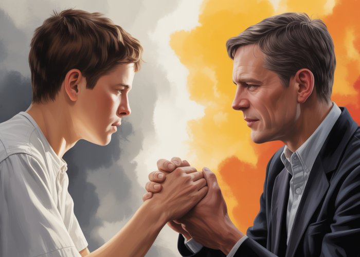 Digital painting of Jonas receiving a memory from The Giver in Lois Lowry's 'The Giver'. The scene is filled with contrasting colors representing the difference between sameness and the world with memories.
