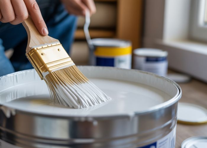 Close-up of a person thinning white latex paint with water in a metal bucket.