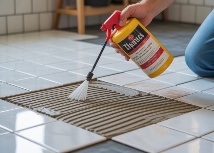 Applying thinset removal chemical to loosen stubborn thinset mortar for easy tile removal.