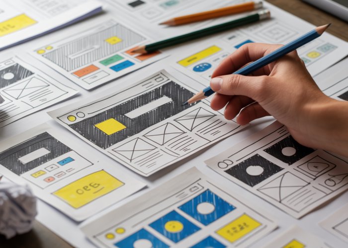 Hand rapidly sketching thumbnail designs for a website layout, showcasing different ideas.