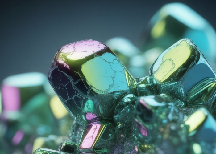 Macro photograph of a tin(II) chloride crystal showcasing its metallic shine and structure, illustrating tin's valency.