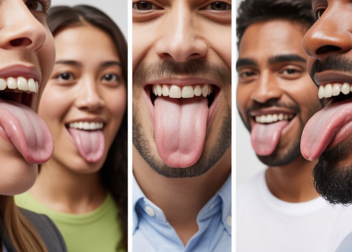 Group of people displaying tongue curling ability variations; some can curl, others cannot, illustrating a genetic trait.