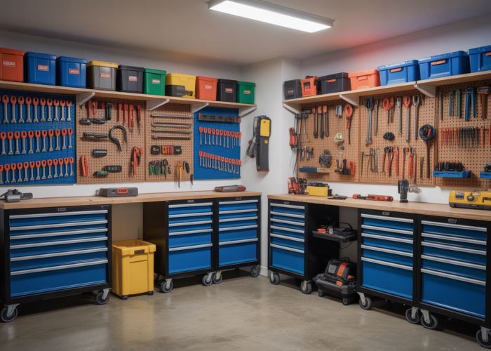 Organized garage featuring a variety of tool storage solutions like tool chests, pegboards, and wall organizers.