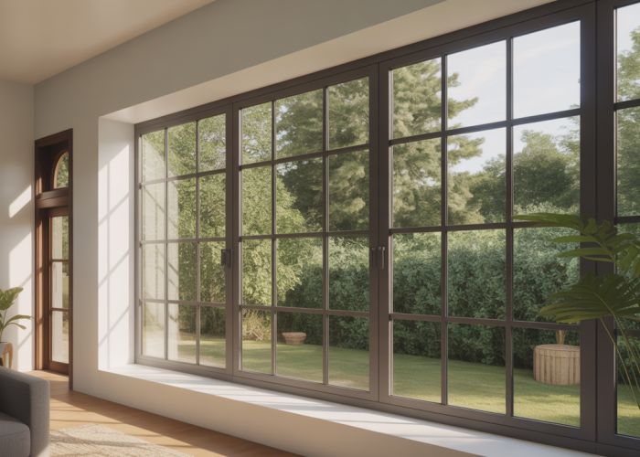 Modern home exterior with energy-efficient windows from a top brand, showcasing a green view.