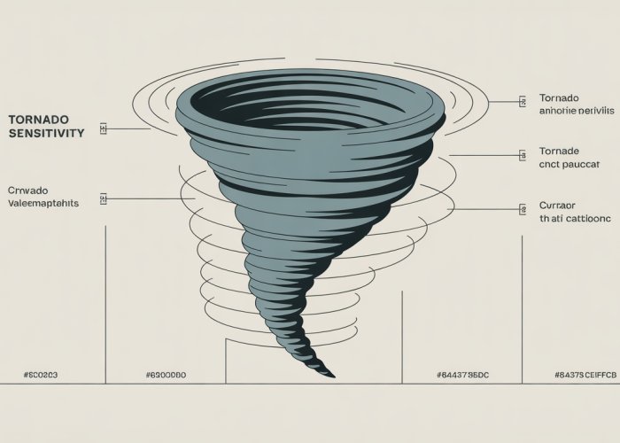 Infographic illustrating a tornado sensitivity analysis chart, showing the relative impact of different variables on project outcomes.