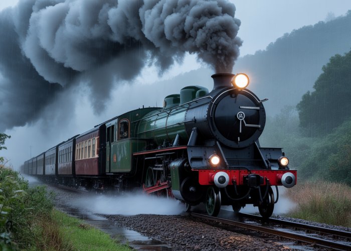 Vintage steam train silhouetted against a heavy rainstorm. The train's headlights illuminate the falling rain, creating a dramatic and evocative scene.