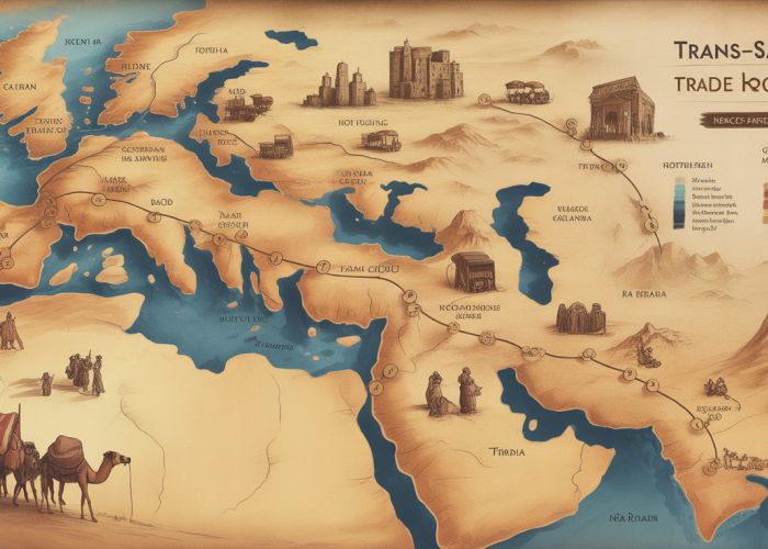 Map of Trans-Saharan trade routes showing major cities like Timbuktu and Gao, resources traded like gold and salt, and geographical challenges like desert landscapes.