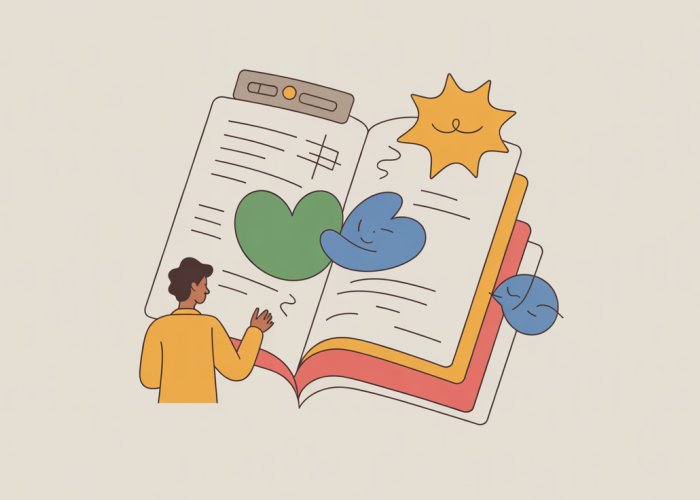 Open book with colorful transition words highlighting the pages, emphasizing flow and connection in storytelling.