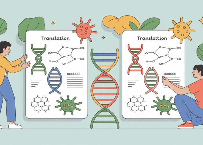 High school students working collaboratively on a translation worksheet in a biology class, focusing on the central dogma.