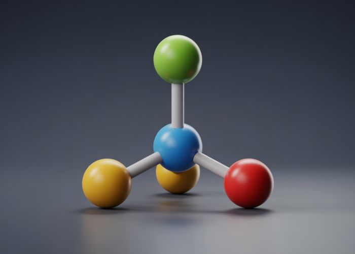 3D rendering of a molecule with trigonal pyramidal geometry.