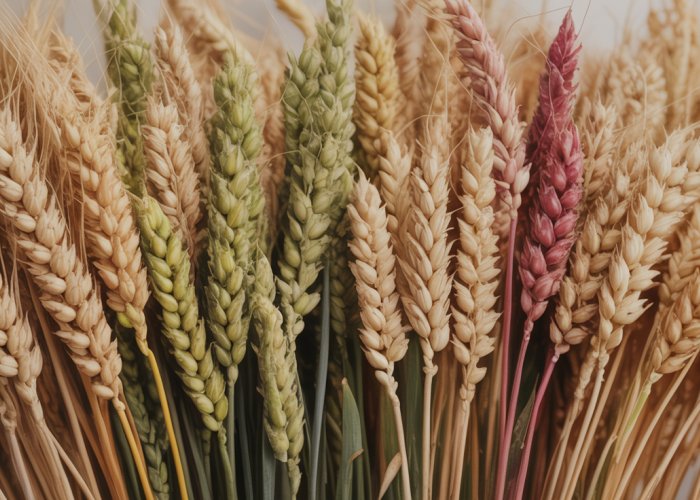 Close-up of different wheat varieties showing the diversity within the Triticum genus, including grain head shapes and colors.