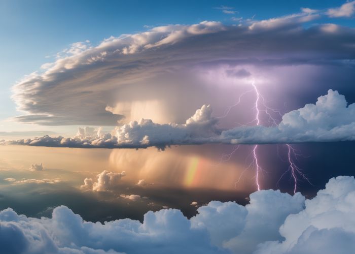 Dramatic sky filled with diverse tropospheric weather phenomena: cumulus clouds, cirrus clouds, rain, lightning, and a rainbow.