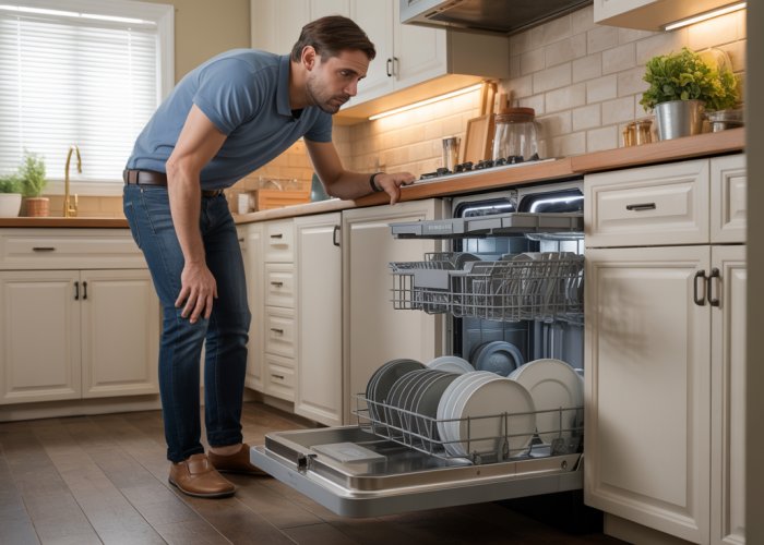 Homeowner troubleshooting a broken Kenmore dishwasher in their kitchen.