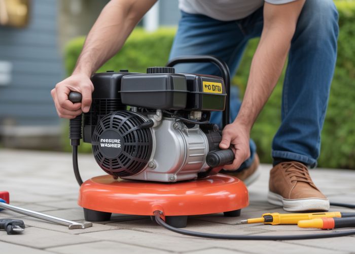 Person frustrated while troubleshooting a pressure washer that won't start.