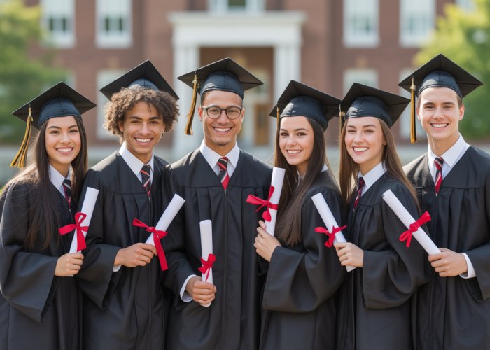 Graduating students celebrating at Trudeau High School on graduation day.