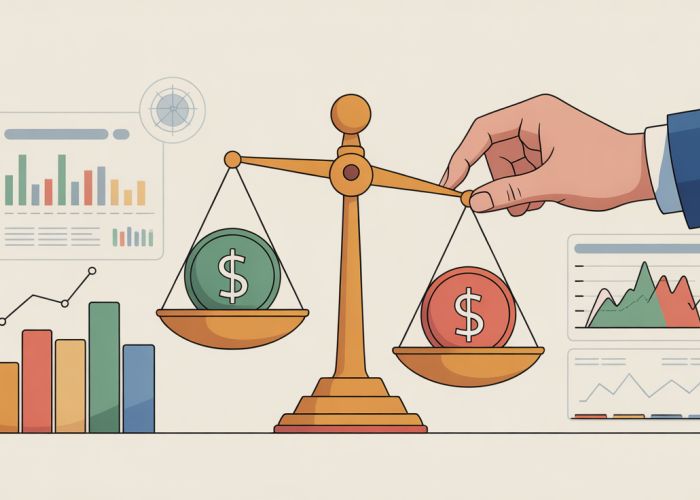 Scale balancing debits and credits, representing a true-up in accounting.