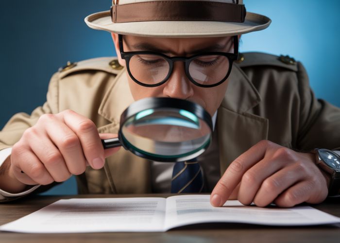 Detective examining evidence closely with a magnifying glass, representing the process of verifying truth.
