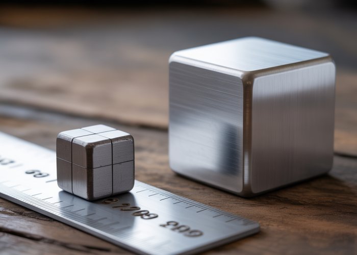 Tungsten cube next to aluminum cube showing difference in density
