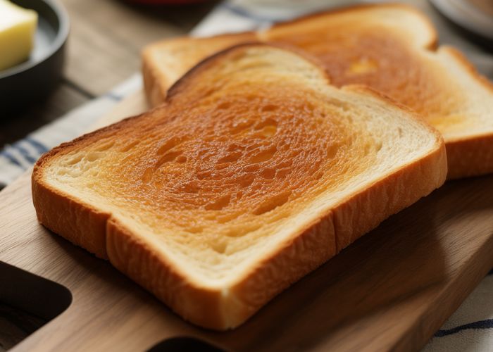 Two slices of lightly buttered toast, representing a simple breakfast or snack option and calorie considerations.