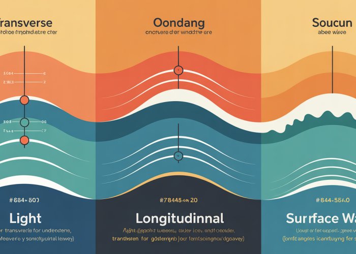 Infographic explaining the three main types of waves: transverse, longitudinal, and surface waves, with diagrams and examples.