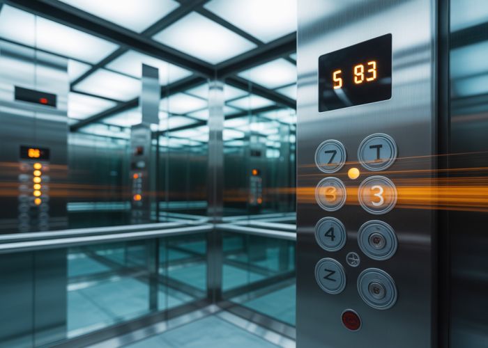 Modern elevator floor indicator showing rapid ascent, illustrating typical elevator speed.