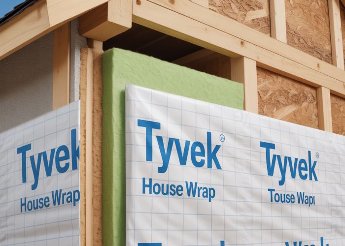 Cross-section of a wall showcasing Tyvek house wrap and its vapor permeability.