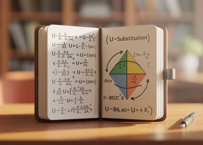 Hand holding a pencil writing a calculus equation showing u-substitution for derivatives.