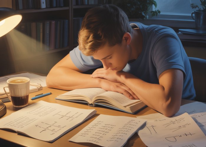 Student deeply focused on u-substitution homework, surrounded by math papers and coffee.