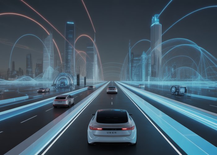 Abstract cityscape representing Uber's innovative approach to transportation technology, with interconnected lines symbolizing data flow and futuristic vehicles suggesting smart mobility.