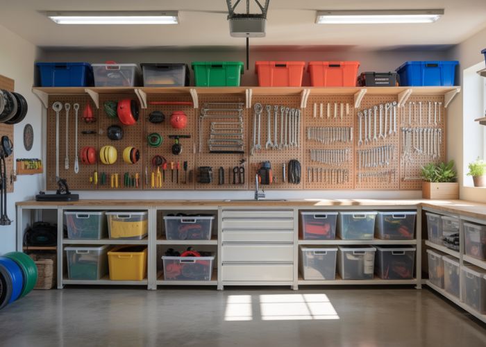 Ultimate garage organization with tools, sports equipment, and labeled containers.