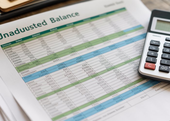 Example of an unadjusted trial balance spreadsheet, showing debits and credits for various accounts.
