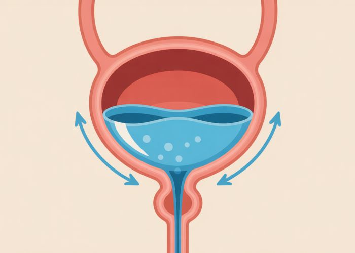Cartoon illustration of a bladder stretching as it fills with liquid, demonstrating bladder capacity.