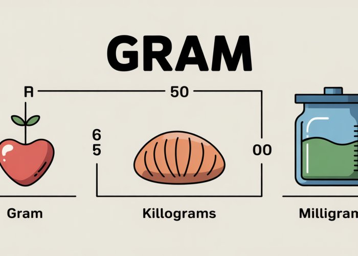 Visual representation of a gram, showing common objects weighed in grams, and the relationship between grams, kilograms, and milligrams within the metric system.