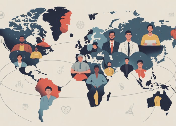Diverse group of people communicating in different languages, representing various language families and cultural connections.