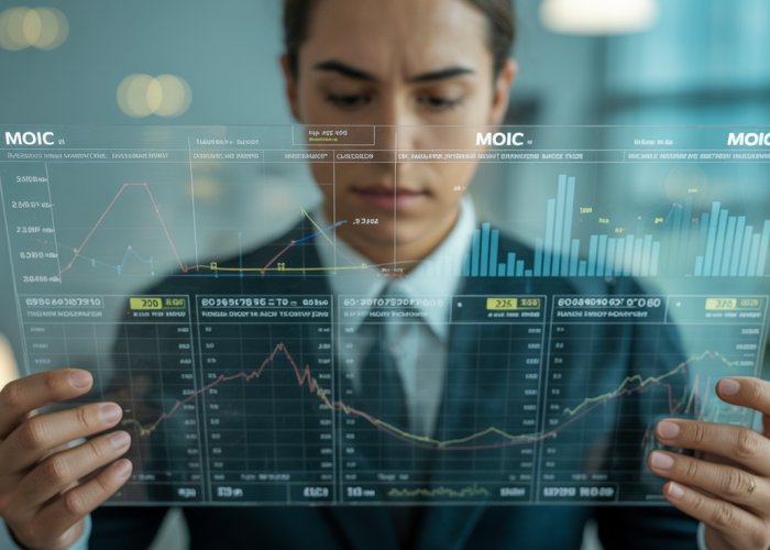 Financial analyst reviewing MoIC (Multiple on Invested Capital) calculations on a spreadsheet.