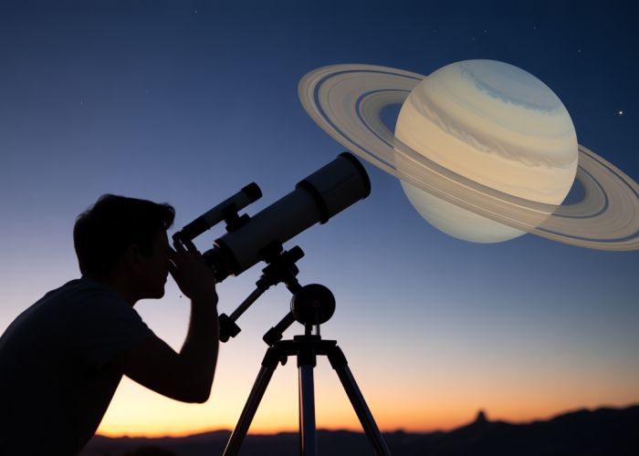Person using a telescope to view Saturn, illustrating the concept of telescope magnification.
