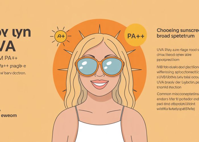 Infographic explaining UVA rating systems in sunscreen, comparing PA ratings and illustrating the difference between UVA and UVB radiation.