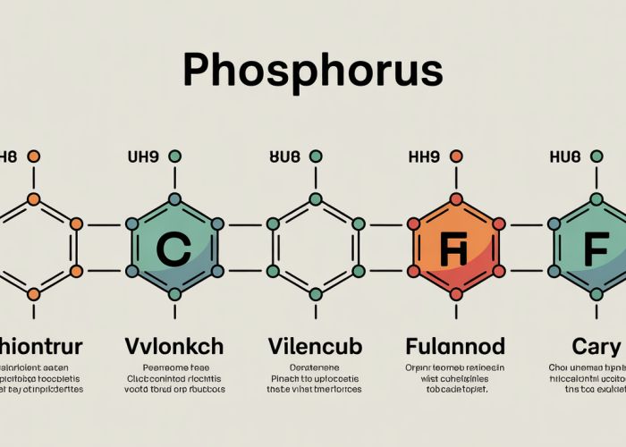 Infographic explaining the different valencies of phosphorus (3, 5, and sometimes 4) and illustrating common chemical structures formed.