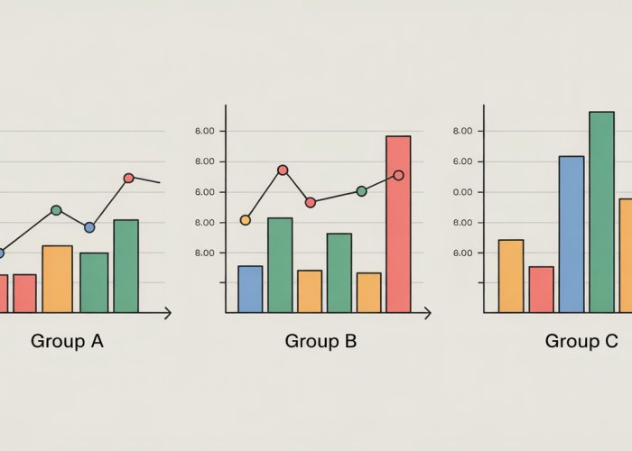 Box plot showing significant variance in scores between Group A, Group B, and Group C.