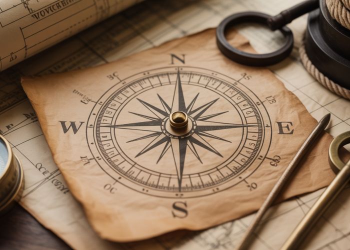 Vintage direction compass rose surrounded by nautical charts.