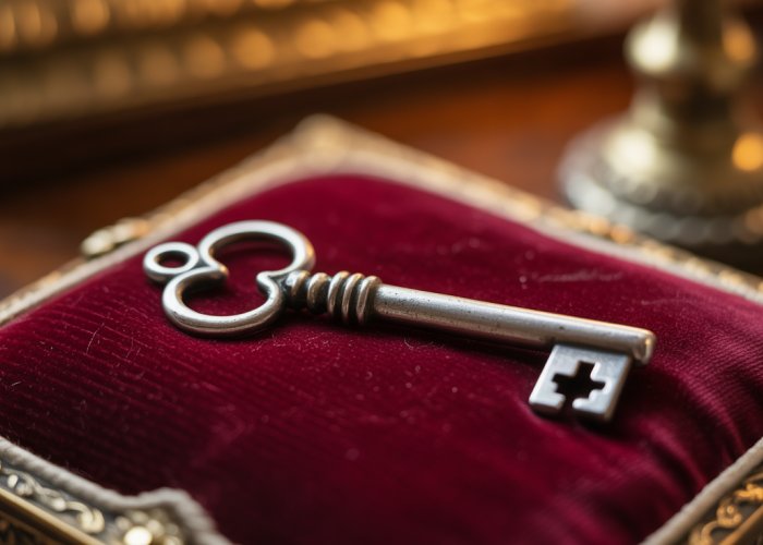 Close-up of an antique key on a velvet cushion.