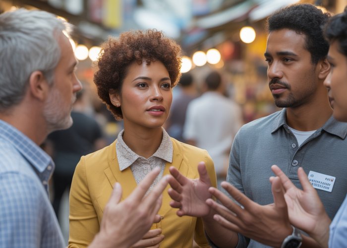 Diverse group of people in a marketplace using nonverbal communication and gestures.