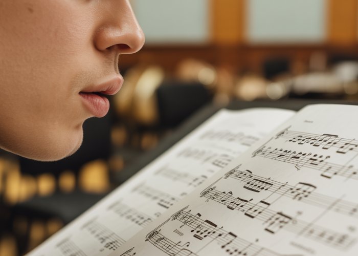Music student practicing vocal sight reading, looking intently at sheet music.