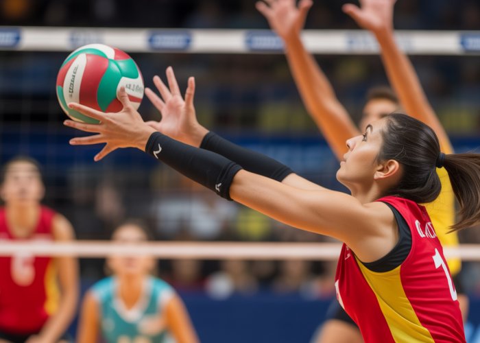 Volleyball player setting the ball during a match, showcasing focus and agility.