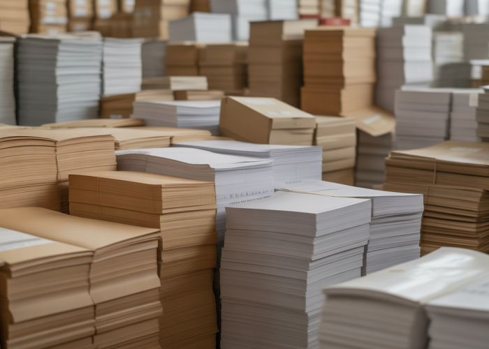 Large warehouse filled with stacks of different types and colors of paper.