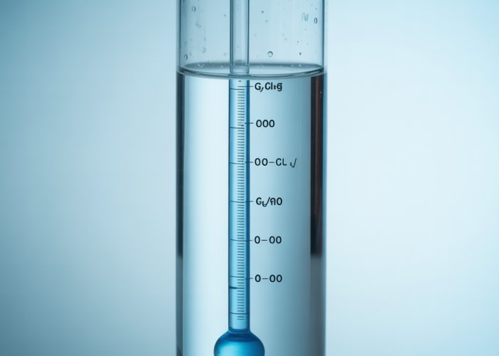 Hydrometer measuring the density of water in a graduated cylinder.