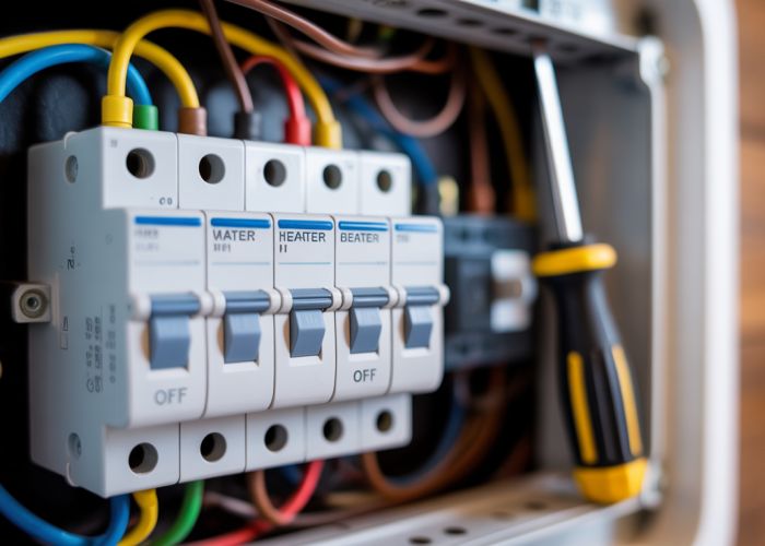 Water heater breaker in an electrical panel switched to the 'off' position, indicating a potential problem.