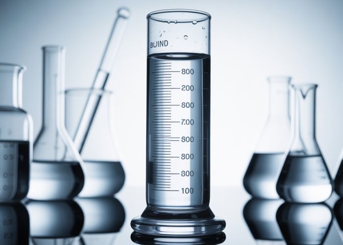 Graduated cylinder filled with water, used for measuring volume.