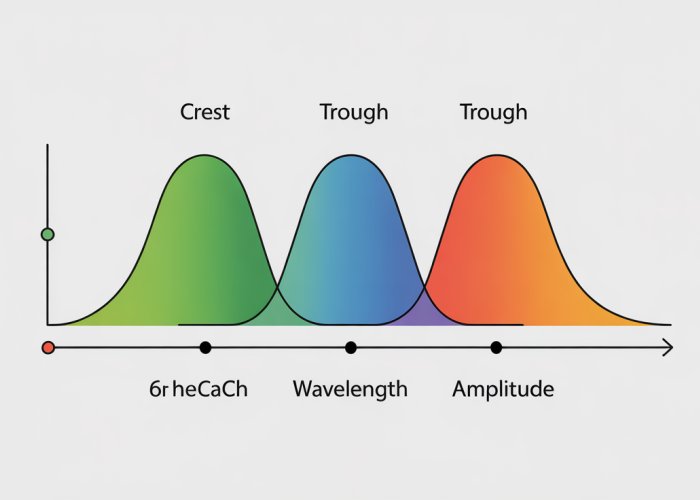 Diagram showing a wave with crest and trough labeled, illustrating wavelength and amplitude.